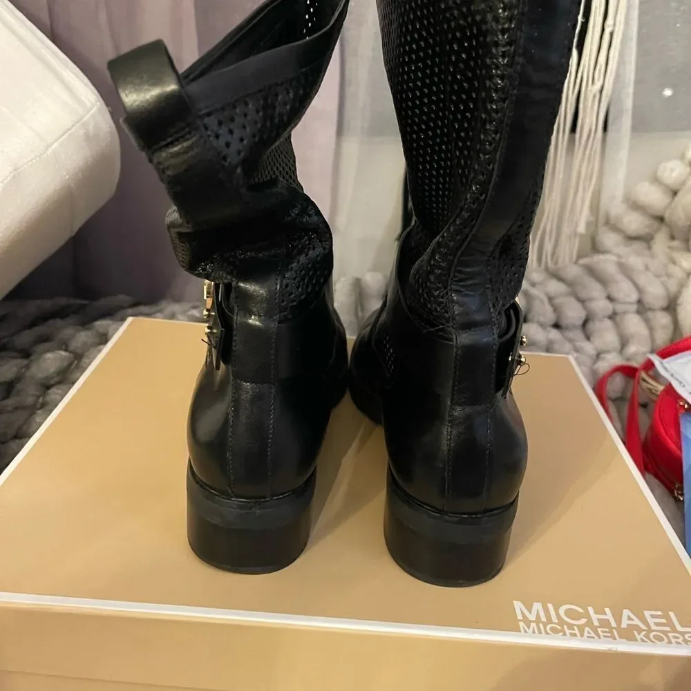 Womens MICHAEL Michael Kors Daria Flat Mid-Calf biker Boot black leather nib nwt